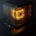 Complex quantum computer core emitting bright light inside transparent cube case Royalty Free Stock Photo