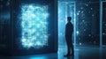Quantum computing developer engages with holographic algorithms in a high-tech room filled with floating particles at Royalty Free Stock Photo