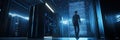 Developer explores holographic quantum algorithms next to glowing quantum computer in a high-tech environment Generative