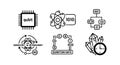 Quantum computing icons set with qubit chip quantum gate entanglement and crystal clock symbols vector illustration Royalty Free Stock Photo