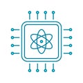 Quantum computing line icon. Blue semiconductor chip with atom symbol. Computer science innovation.