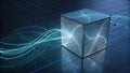 Quantum computing processing data, futuristic server generating energy flows