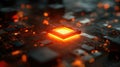 Quantum computing processor emitting orange light on motherboard Royalty Free Stock Photo