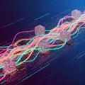 Quantum computing processors transferring data through colorful cables on motherboard