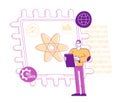 Quantum Computing or Supercomputing Concept. Computer Engineer Male Character Signing in Notebook