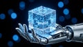 Quantum Data Cube in Robotic Grip: The Future of AI Visualization Royalty Free Stock Photo