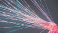 Quantum data flow, fiber optic threads, abstract glowing patterns create mesmerizing visual of futuristic tech art, perfect for