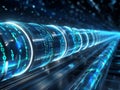 Quantum Leap: The Digital Tunnel of Tomorrow , Binary Code Trails Through Blue Light Royalty Free Stock Photo