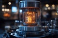 Quantum processor with intricate details glowing in a dark laboratory settin Royalty Free Stock Photo