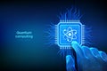 Quantum processor with qubit superposition. Quantum computing technology. Digital hand touching quantum chip. AI. Artificial Royalty Free Stock Photo