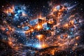 Quantum processor surreal visualization digital circuit cube module cosmic space galaxy data network futuristic technology glowing Royalty Free Stock Photo