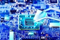 Quantum processor. Technician plug in CPU microprocessor to motherboard socket. Royalty Free Stock Photo