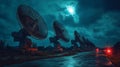 Quantum signals captured by satellite dish array under moonlit sky