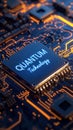 Quantum technology microchip on circuit board with glowing details