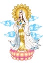 Quanyin or Guan Yin stand on lotus with aureole behind head and cloud background. Royalty Free Stock Photo