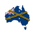 Quarantine in Australia. Australian map is wrapped in yellow warning tape Quarantine. Coronavirus epidemic in world. Outbreak