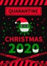 Quarantine Christmas lettering with cute cartoon virus wearing mask. Winter holidays in coronavirus COVID-19 pandemic. Vector