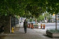 Empty street Men walking on the street. Quarantine city Toronto buildings, skyscraper, downtown. Eveni Royalty Free Stock Photo