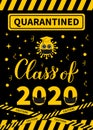 Quarantine Class of 2020 poster with cute cartoon virus. Social Distance Graduation Party concept. Coronavirus COVID-19 Pandemic.