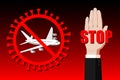 Quarantine, closure of the borders of countries due to the coronavirus COVID-19. A stop sign on an airplane, flights. Palm raised