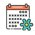 Quarantine color line icon. Self- isolation, period. Calendar with crossed period and virus. Pictogram for web page, mobile app,