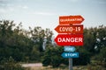 Quarantine, Covid-19, Danger, Home, Stop road warning signs, red and blue. Social media campaign for coronavirus