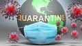 Quarantine and covid - Earth globe protected with a blue mask against attacking corona viruses to show the relation between