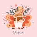 Quarantine drink Dalgona - isolated vector. Glass of whipped milk coffee drink with foam from Korea