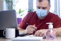 Quarantine due to the coronavirus pandemic. remote work or distance learning. business man working from home, wear a protective Royalty Free Stock Photo