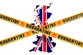 Quarantine in Great Britain concept. The United Kingdom map with caution barrier tapes, 3D rendering Royalty Free Stock Photo