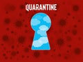 A quarantine keyhole on covid-19 red background.