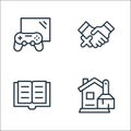 Quarantine line icons. linear set. quality vector line set such as cleaning, book, no handshake