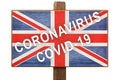 Quarantine during a pandemic coronavirus COVID-19 in Britain. Caution is written on a plate with the image of the flag of Great