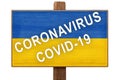 Quarantine during a pandemic coronavirus COVID-19 in Ukraine. Caution is written on a plate with the image of the flag of Ukraine