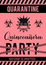 Quarantine Quinceanera party banner. Calligraphy lettering with cute virus wearing mask. Spanish or Latin American girl 15th