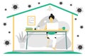 Quarantine self-isolation. Remote work concept. Girl works at the computer at home. Modern flat design concept of telecommuting. I