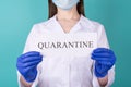 Quarantine social distance pandemic concept. Cropped close up photo of professional therapist physician holding showing paper card