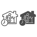 Quarantine sports at home line and solid icon. Person jogging at treadmill with clock outline style pictogram on white