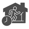 Quarantine sports at home solid icon. Person jogging at treadmill with clock glyph style pictogram on white background Royalty Free Stock Photo