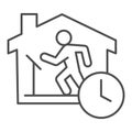 Quarantine sports at home thin line icon. Person jogging at treadmill with clock outline style pictogram on white