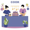 Quarantine, stay at home concept - people sitting at their home, Woman and man cook, they bake cake and try new recipes