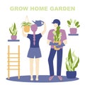 Quarantine, stay at home concept - people sitting at their home, Woman and man grow home plants, water and plant flowers