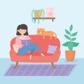 Quarantine stay at home, woman with book and cat on sofa living room cartoon Royalty Free Stock Photo