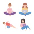 Quarantine stay at home, women practicing yoga, read book and using laptop