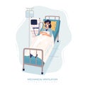 Quarantine virus cartoon people simple illustration. Mechanical ventilation poster. A woman is lying on a bed in a