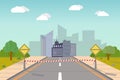 Quarantined city. A cartoon illustration of a road approaching a city that is closed by a protective tape between two