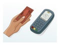 When quarantining a coronvirus epidemic, pay for your purchases with a credit card. Cashless payment terminal and hand with a bank