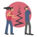 A quarrel between a man and a woman. The wife shouts at her husband. Split in the family. Vector illustration