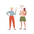 Quarrel between teenager girl and guy vector flat illustration. Young annoyed people insult each other, arguing and