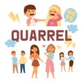 Quarrel vector people man woman character in family conflict with children illustration backdrop unhappy couple